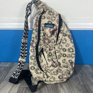 KAVU Sling Bag Floral Daisy Print Canvas Backpack Crossbody Beige Purple Black